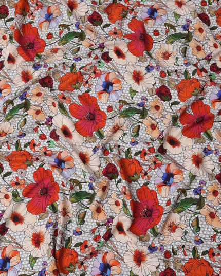 قماش ساتان حريري إيطالي فاخر بطبعة زهور متعددة الألوان، عرض 140 سم، صنع في إيطاليا - D22975