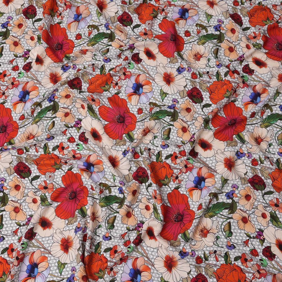 قماش ساتان حريري إيطالي فاخر بطبعة زهور متعددة الألوان، عرض 140 سم، صنع في إيطاليا - D22975