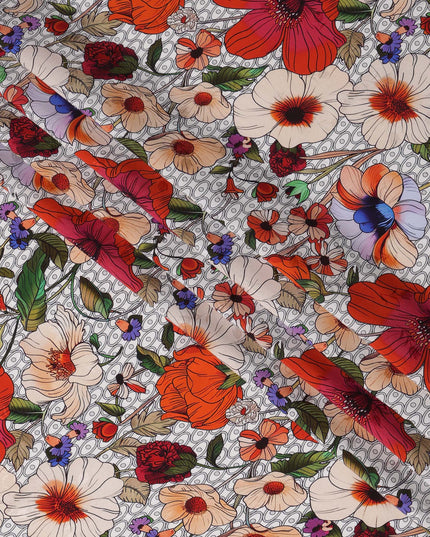 قماش ساتان حريري إيطالي فاخر بطبعة زهور متعددة الألوان، عرض 140 سم، صنع في إيطاليا - D22975