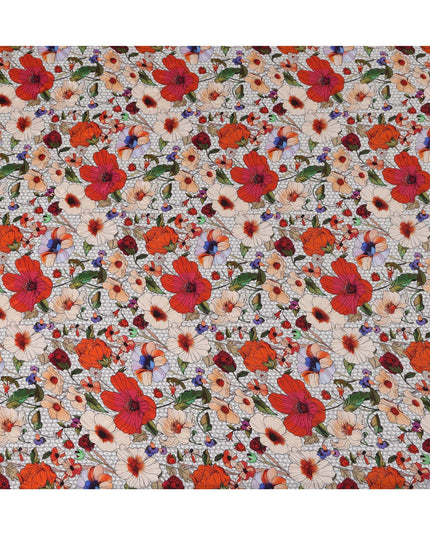 قماش ساتان حريري إيطالي فاخر بطبعة زهور متعددة الألوان، عرض 140 سم، صنع في إيطاليا - D22975