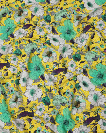 قماش حرير ساتان إيطالي فاخر بقاعدة صفراء بطبعة زهور زرقاء وبيضاء، عرض 140 سم، صنع في إيطاليا - D22976
