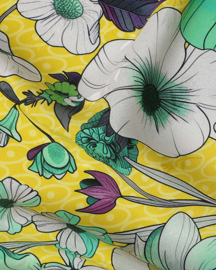 قماش حرير ساتان إيطالي فاخر بقاعدة صفراء بطبعة زهور زرقاء وبيضاء، عرض 140 سم، صنع في إيطاليا - D22976
