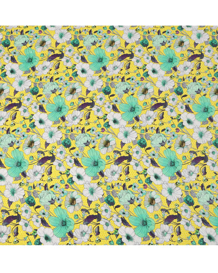 قماش حرير ساتان إيطالي فاخر بقاعدة صفراء بطبعة زهور زرقاء وبيضاء، عرض 140 سم، صنع في إيطاليا - D22976