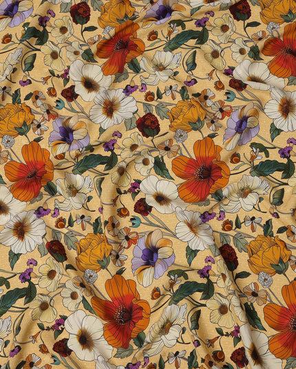 قماش حرير ساتان إيطالي فاخر بقاعدة بيج مع طبعة زهور برتقالية وعاجية وأرجوانية، عرض 140 سم، صنع في إيطاليا - D22977