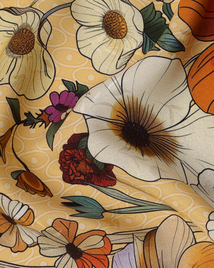 قماش حرير ساتان إيطالي فاخر بقاعدة بيج مع طبعة زهور برتقالية وعاجية وأرجوانية، عرض 140 سم، صنع في إيطاليا - D22977