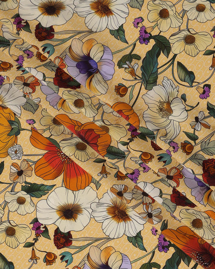 قماش حرير ساتان إيطالي فاخر بقاعدة بيج مع طبعة زهور برتقالية وعاجية وأرجوانية، عرض 140 سم، صنع في إيطاليا - D22977