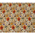 قماش حرير ساتان إيطالي فاخر بقاعدة بيج مع طبعة زهور برتقالية وعاجية وأرجوانية، عرض 140 سم، صنع في إيطاليا - D22977