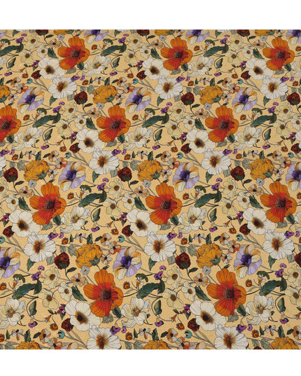 قماش حرير ساتان إيطالي فاخر بقاعدة بيج مع طبعة زهور برتقالية وعاجية وأرجوانية، عرض 140 سم، صنع في إيطاليا - D22977