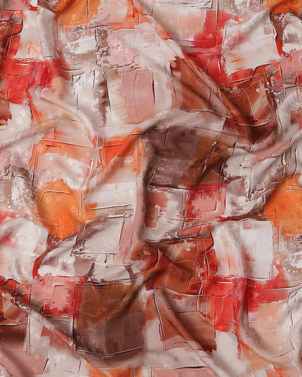 قماش ساتان حريري إيطالي فاخر بطبعة تجريدية متعددة الألوان، من الصدأ والبرتقالي والبيج، عرض 140 سم، صنع في إيطاليا - D22978