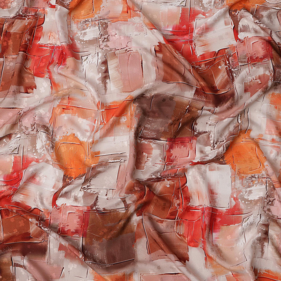 قماش ساتان حريري إيطالي فاخر بطبعة تجريدية متعددة الألوان، من الصدأ والبرتقالي والبيج، عرض 140 سم، صنع في إيطاليا - D22978