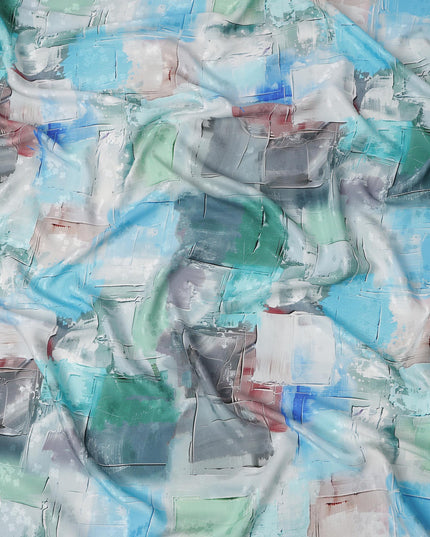 قماش ساتان حريري إيطالي فاخر بطبعة تجريدية بألوان الأزرق الجليدي والرمادي والنعناعي، عرض 140 سم، صنع في إيطاليا - D22979