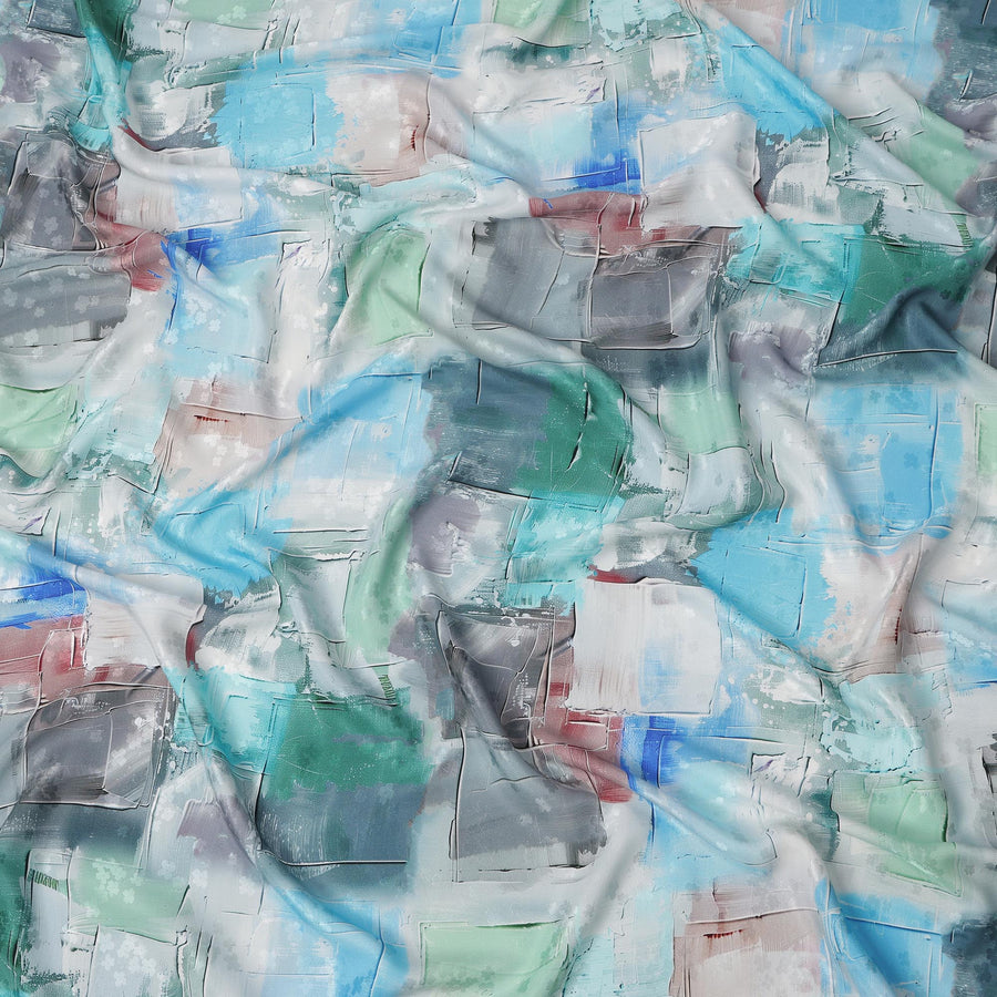 قماش ساتان حريري إيطالي فاخر بطبعة تجريدية بألوان الأزرق الجليدي والرمادي والنعناعي، عرض 140 سم، صنع في إيطاليا - D22979