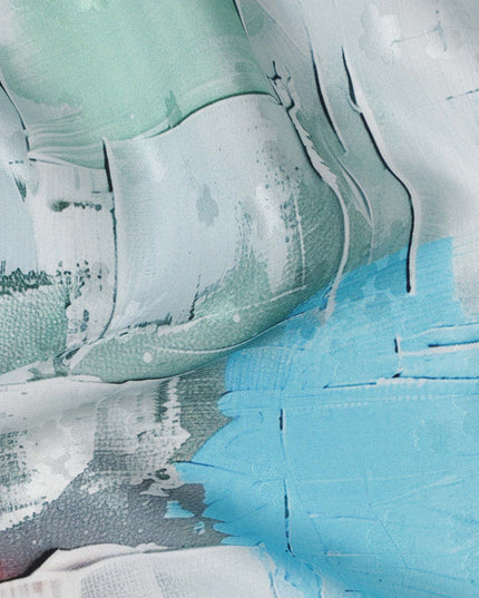 قماش ساتان حريري إيطالي فاخر بطبعة تجريدية بألوان الأزرق الجليدي والرمادي والنعناعي، عرض 140 سم، صنع في إيطاليا - D22979