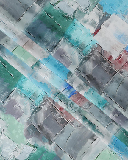 قماش ساتان حريري إيطالي فاخر بطبعة تجريدية بألوان الأزرق الجليدي والرمادي والنعناعي، عرض 140 سم، صنع في إيطاليا - D22979