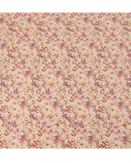 قماش ساتان حريري إيطالي فاخر بقاعدة بلون الخوخ الفاتح مع طبعة زهور باللونين الوردي والأرجواني، عرض 140 سم، صنع في إيطاليا - D22980