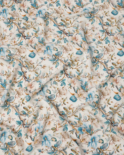 قماش حرير ساتان إيطالي فاخر بقاعدة عاجية مع طباعة زهور باللونين الأزرق السماوي والبيج، عرض 140 سم، صنع في إيطاليا - D22981