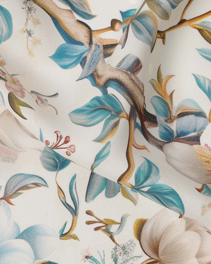 قماش حرير ساتان إيطالي فاخر بقاعدة عاجية مع طباعة زهور باللونين الأزرق السماوي والبيج، عرض 140 سم، صنع في إيطاليا - D22981