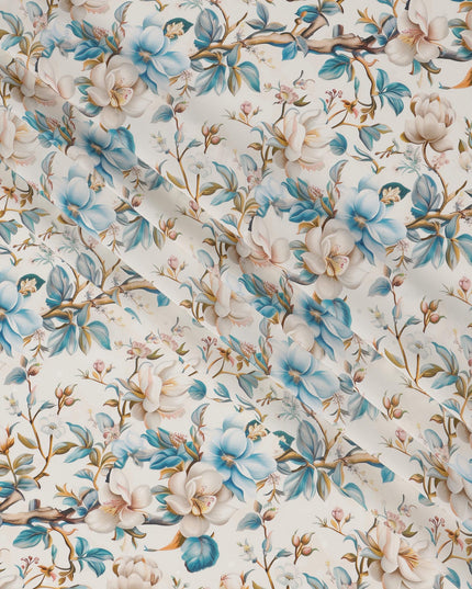 قماش حرير ساتان إيطالي فاخر بقاعدة عاجية مع طباعة زهور باللونين الأزرق السماوي والبيج، عرض 140 سم، صنع في إيطاليا - D22981