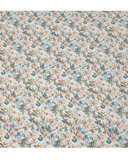 قماش حرير ساتان إيطالي فاخر بقاعدة عاجية مع طباعة زهور باللونين الأزرق السماوي والبيج، عرض 140 سم، صنع في إيطاليا - D22981