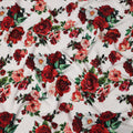 White Base with Red, Peach & Green Rose Floral Print Premium Italian Pure Silk Satin Fabric, 140 Cms Width, Made in Italy-D22983