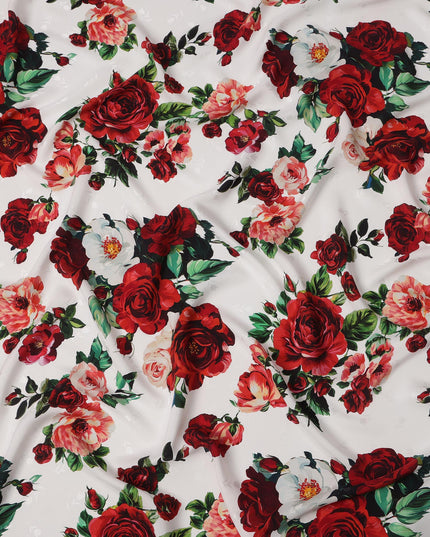White Base with Red, Peach & Green Rose Floral Print Premium Italian Pure Silk Satin Fabric, 140 Cms Width, Made in Italy-D22983