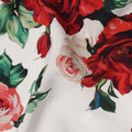 White Base with Red, Peach & Green Rose Floral Print Premium Italian Pure Silk Satin Fabric, 140 Cms Width, Made in Italy-D22983