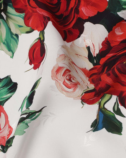 White Base with Red, Peach & Green Rose Floral Print Premium Italian Pure Silk Satin Fabric, 140 Cms Width, Made in Italy-D22983