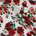 White Base with Red, Peach & Green Rose Floral Print Premium Italian Pure Silk Satin Fabric, 140 Cms Width, Made in Italy-D22983