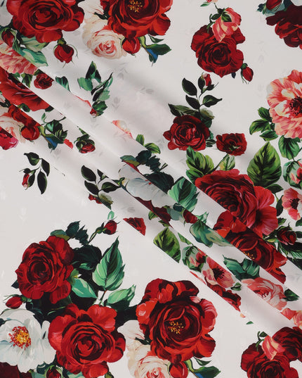 White Base with Red, Peach & Green Rose Floral Print Premium Italian Pure Silk Satin Fabric, 140 Cms Width, Made in Italy-D22983