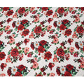 White Base with Red, Peach & Green Rose Floral Print Premium Italian Pure Silk Satin Fabric, 140 Cms Width, Made in Italy-D22983