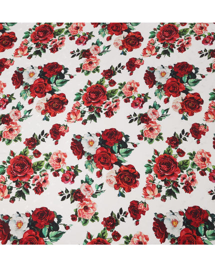 White Base with Red, Peach & Green Rose Floral Print Premium Italian Pure Silk Satin Fabric, 140 Cms Width, Made in Italy-D22983