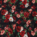 Black Base with Red, Peach & White Rose Floral Print Premium Italian Pure Silk Satin Fabric, 140 Cms Width, Made in Italy-D22984