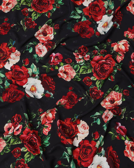 Black Base with Red, Peach & White Rose Floral Print Premium Italian Pure Silk Satin Fabric, 140 Cms Width, Made in Italy-D22984