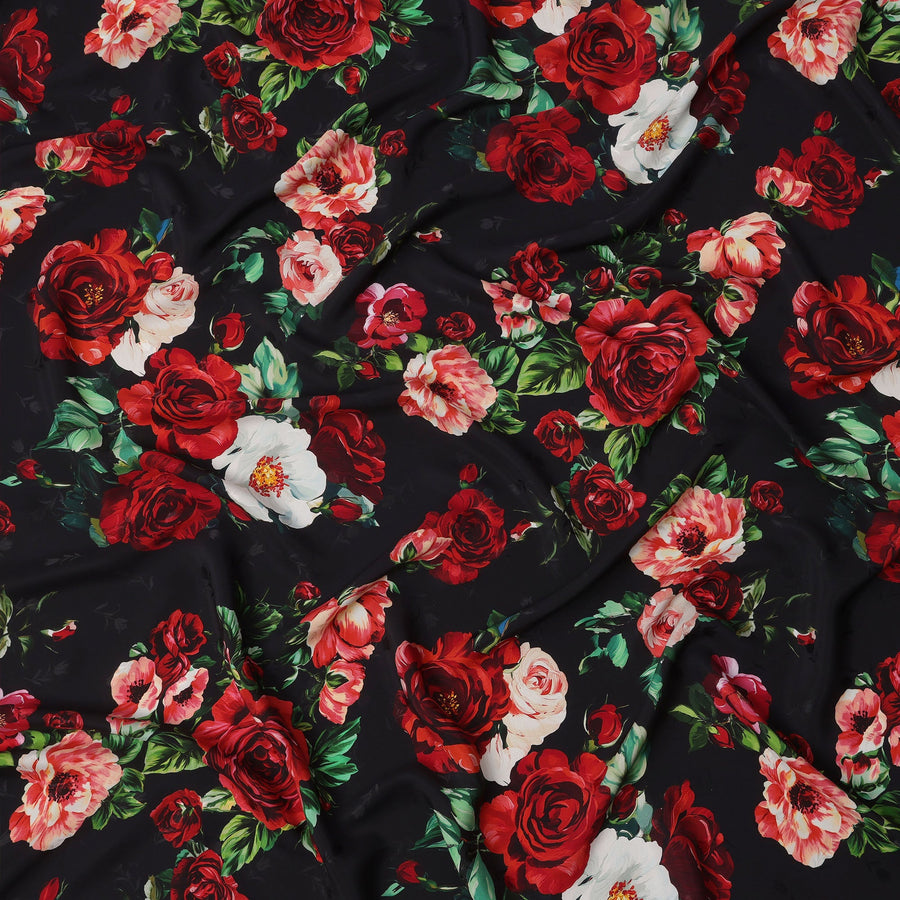 Black Base with Red, Peach & White Rose Floral Print Premium Italian Pure Silk Satin Fabric, 140 Cms Width, Made in Italy-D22984