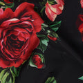 Black Base with Red, Peach & White Rose Floral Print Premium Italian Pure Silk Satin Fabric, 140 Cms Width, Made in Italy-D22984