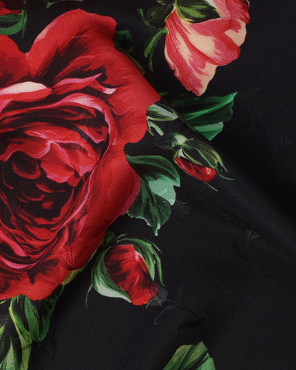 Black Base with Red, Peach & White Rose Floral Print Premium Italian Pure Silk Satin Fabric, 140 Cms Width, Made in Italy-D22984