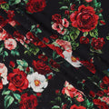 Black Base with Red, Peach & White Rose Floral Print Premium Italian Pure Silk Satin Fabric, 140 Cms Width, Made in Italy-D22984