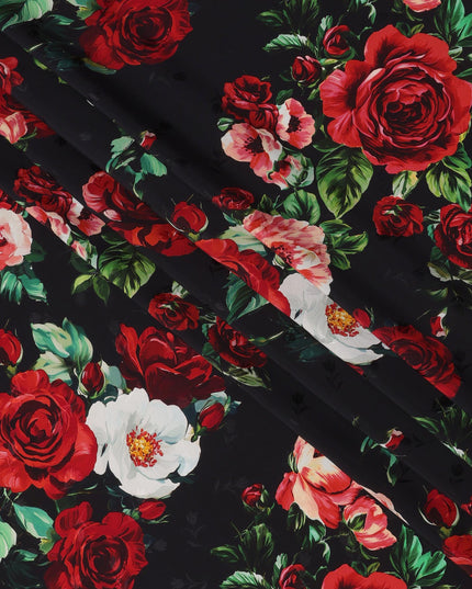 Black Base with Red, Peach & White Rose Floral Print Premium Italian Pure Silk Satin Fabric, 140 Cms Width, Made in Italy-D22984
