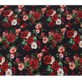 Black Base with Red, Peach & White Rose Floral Print Premium Italian Pure Silk Satin Fabric, 140 Cms Width, Made in Italy-D22984