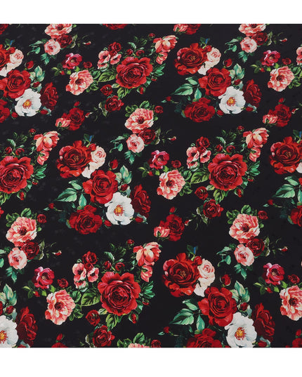 Black Base with Red, Peach & White Rose Floral Print Premium Italian Pure Silk Satin Fabric, 140 Cms Width, Made in Italy-D22984