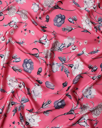 Pink Base with White & Purple Floral Print Premium Italian Pure Silk Satin Fabric, 140 Cms Width, Made in Italy-D22985