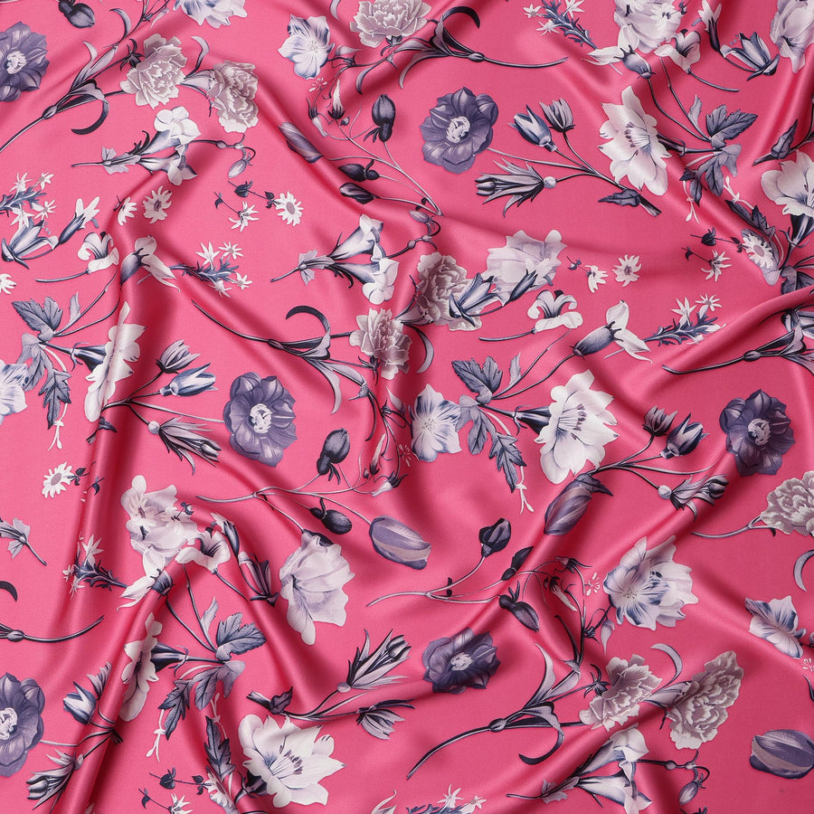 Pink Base with White & Purple Floral Print Premium Italian Pure Silk Satin Fabric, 140 Cms Width, Made in Italy-D22985