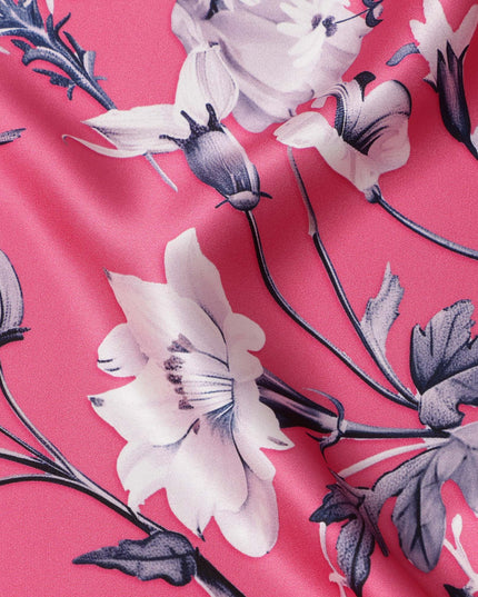 Pink Base with White & Purple Floral Print Premium Italian Pure Silk Satin Fabric, 140 Cms Width, Made in Italy-D22985