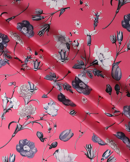 Pink Base with White & Purple Floral Print Premium Italian Pure Silk Satin Fabric, 140 Cms Width, Made in Italy-D22985