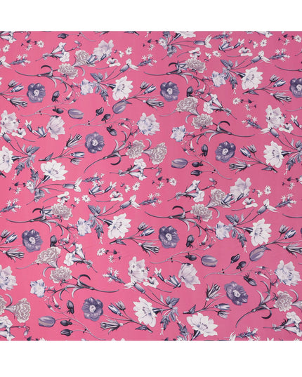 Pink Base with White & Purple Floral Print Premium Italian Pure Silk Satin Fabric, 140 Cms Width, Made in Italy-D22985