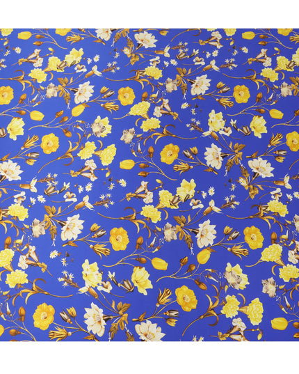 قماش حرير ساتان إيطالي فاخر بقاعدة زرقاء ملكية مع طبعة زهور صفراء وبيج، عرض 140 سم، صنع في إيطاليا - D22986