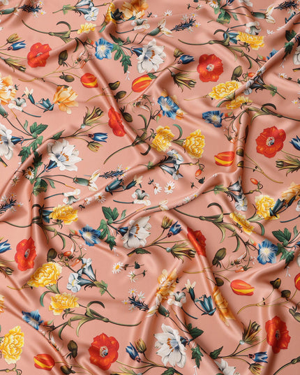 قماش ساتان حريري إيطالي فاخر بقاعدة بلون الخوخ مع طباعة زهور متعددة الألوان، عرض 140 سم، صنع في إيطاليا - D22987