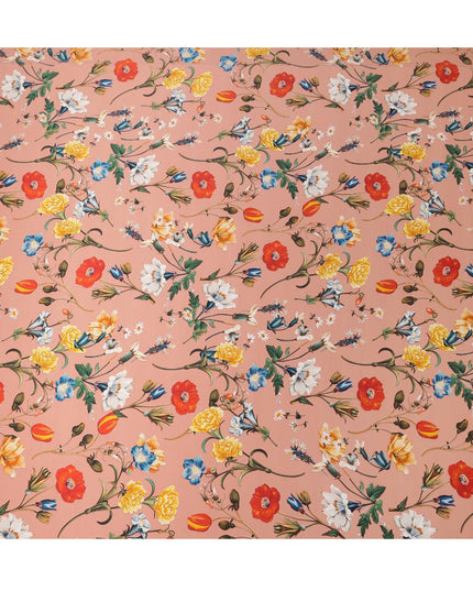 قماش ساتان حريري إيطالي فاخر بقاعدة بلون الخوخ مع طباعة زهور متعددة الألوان، عرض 140 سم، صنع في إيطاليا - D22987