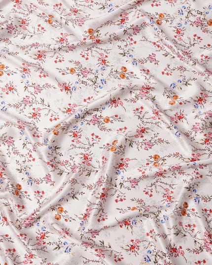 قماش حرير ساتان إيطالي فاخر بقاعدة بيضاء عاجي مع طباعة زهور صغيرة باللون الأحمر والأزرق والبيج، عرض 140 سم، صنع في إيطاليا - D22988