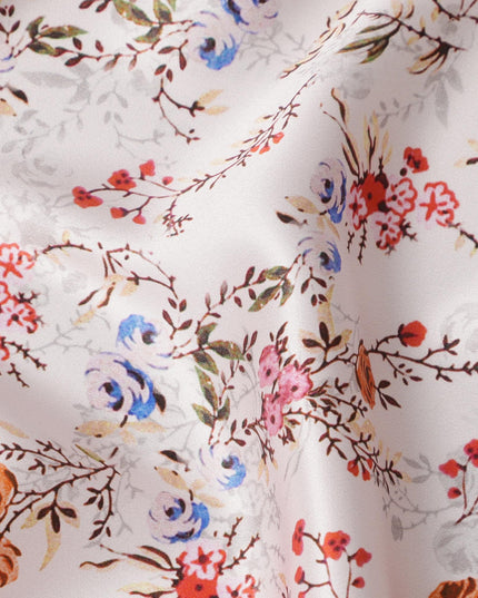 قماش حرير ساتان إيطالي فاخر بقاعدة بيضاء عاجي مع طباعة زهور صغيرة باللون الأحمر والأزرق والبيج، عرض 140 سم، صنع في إيطاليا - D22988